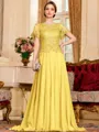 Gracious A-Line Chiffon Applique Scoop Short Sleeves Sweep Train Mother of the Bride Dress