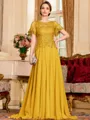 Gracious A-Line Chiffon Applique Scoop Short Sleeves Sweep Train Mother of the Bride Dress