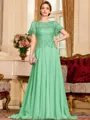 Gracious A-Line Chiffon Applique Scoop Short Sleeves Sweep Train Mother of the Bride Dress
