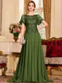 Gracious A-Line Chiffon Applique Scoop Short Sleeves Sweep Train Mother of the Bride Dress