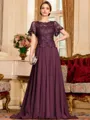 Gracious A-Line Chiffon Applique Scoop Short Sleeves Sweep Train Mother of the Bride Dress