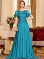 Gracious A-Line Chiffon Applique Scoop Short Sleeves Sweep Train Mother of the Bride Dress