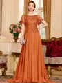 Gracious A-Line Chiffon Applique Scoop Short Sleeves Sweep Train Mother of the Bride Dress
