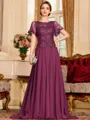 Gracious A-Line Chiffon Applique Scoop Short Sleeves Sweep Train Mother of the Bride Dress