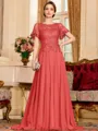 Gracious A-Line Chiffon Applique Scoop Short Sleeves Sweep Train Mother of the Bride Dress
