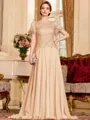 Gracious A-Line Chiffon Applique Scoop Short Sleeves Sweep Train Mother of the Bride Dress