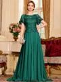 Gracious A-Line Chiffon Applique Scoop Short Sleeves Sweep Train Mother of the Bride Dress