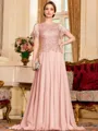 Gracious A-Line Chiffon Applique Scoop Short Sleeves Sweep Train Mother of the Bride Dress