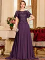 Gracious A-Line Chiffon Applique Scoop Short Sleeves Sweep Train Mother of the Bride Dress