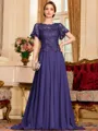 Gracious A-Line Chiffon Applique Scoop Short Sleeves Sweep Train Mother of the Bride Dress