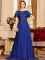 Gracious A-Line Chiffon Applique Scoop Short Sleeves Sweep Train Mother of the Bride Dress