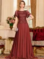 Gracious A-Line Chiffon Applique Scoop Short Sleeves Sweep Train Mother of the Bride Dress