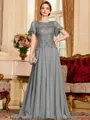 Gracious A-Line Chiffon Applique Scoop Short Sleeves Sweep Train Mother of the Bride Dress