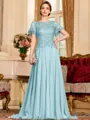 Gracious A-Line Chiffon Applique Scoop Short Sleeves Sweep Train Mother of the Bride Dress
