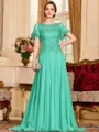 Gracious A-Line Chiffon Applique Scoop Short Sleeves Sweep Train Mother of the Bride Dress