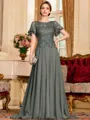 Gracious A-Line Chiffon Applique Scoop Short Sleeves Sweep Train Mother of the Bride Dress