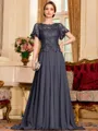 Gracious A-Line Chiffon Applique Scoop Short Sleeves Sweep Train Mother of the Bride Dress