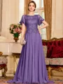Gracious A-Line Chiffon Applique Scoop Short Sleeves Sweep Train Mother of the Bride Dress