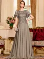 Gracious A-Line Chiffon Applique Scoop Short Sleeves Sweep Train Mother of the Bride Dress