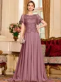 Gracious A-Line Chiffon Applique Scoop Short Sleeves Sweep Train Mother of the Bride Dress