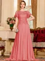 Gracious A-Line Chiffon Applique Scoop Short Sleeves Sweep Train Mother of the Bride Dress