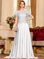 Gracious A-Line Chiffon Applique Scoop Short Sleeves Sweep Train Mother of the Bride Dress