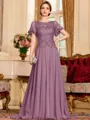 Gracious A-Line Chiffon Applique Scoop Short Sleeves Sweep Train Mother of the Bride Dress