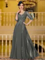 Immaculate A-Line Chiffon Applique V-Neck 3/4 Sleeves Floor-Length Mother of the Bride Dress