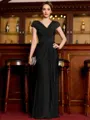Statuesque Sheath Jersey Ruched V-Neck Short Sleeves Floor-Length Mother of the Bride Dress