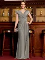 Statuesque Sheath Jersey Ruched V-Neck Short Sleeves Floor-Length Mother of the Bride Dress