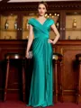 Statuesque Sheath Jersey Ruched V-Neck Short Sleeves Floor-Length Mother of the Bride Dress