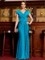 Statuesque Sheath Jersey Ruched V-Neck Short Sleeves Floor-Length Mother of the Bride Dress