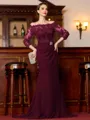 Endearing Sheath Chiffon Applique Off-the-Shoulder 3/4 Sleeves Sweep Train Mother of the Bride Dress