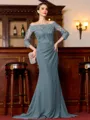 Endearing Sheath Chiffon Applique Off-the-Shoulder 3/4 Sleeves Sweep Train Mother of the Bride Dress