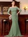 Endearing Sheath Chiffon Applique Off-the-Shoulder 3/4 Sleeves Sweep Train Mother of the Bride Dress