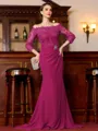 Endearing Sheath Chiffon Applique Off-the-Shoulder 3/4 Sleeves Sweep Train Mother of the Bride Dress