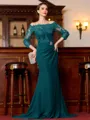 Endearing Sheath Chiffon Applique Off-the-Shoulder 3/4 Sleeves Sweep Train Mother of the Bride Dress