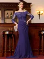 Endearing Sheath Chiffon Applique Off-the-Shoulder 3/4 Sleeves Sweep Train Mother of the Bride Dress