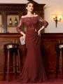 Endearing Sheath Chiffon Applique Off-the-Shoulder 3/4 Sleeves Sweep Train Mother of the Bride Dress