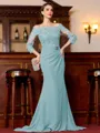 Endearing Sheath Chiffon Applique Off-the-Shoulder 3/4 Sleeves Sweep Train Mother of the Bride Dress