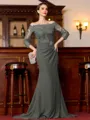 Endearing Sheath Chiffon Applique Off-the-Shoulder 3/4 Sleeves Sweep Train Mother of the Bride Dress