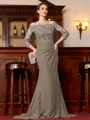 Endearing Sheath Chiffon Applique Off-the-Shoulder 3/4 Sleeves Sweep Train Mother of the Bride Dress