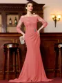 Endearing Sheath Chiffon Applique Off-the-Shoulder 3/4 Sleeves Sweep Train Mother of the Bride Dress