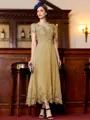 Immaculate A-Line Chiffon Applique Bateau Short Sleeves Tea-Length Mother of the Bride Dress