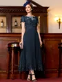 Immaculate A-Line Chiffon Applique Bateau Short Sleeves Tea-Length Mother of the Bride Dress