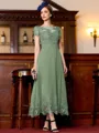 Immaculate A-Line Chiffon Applique Bateau Short Sleeves Tea-Length Mother of the Bride Dress