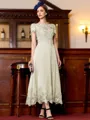 Immaculate A-Line Chiffon Applique Bateau Short Sleeves Tea-Length Mother of the Bride Dress
