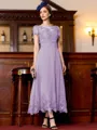 Immaculate A-Line Chiffon Applique Bateau Short Sleeves Tea-Length Mother of the Bride Dress