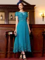 Immaculate A-Line Chiffon Applique Bateau Short Sleeves Tea-Length Mother of the Bride Dress