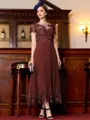 Immaculate A-Line Chiffon Applique Bateau Short Sleeves Tea-Length Mother of the Bride Dress